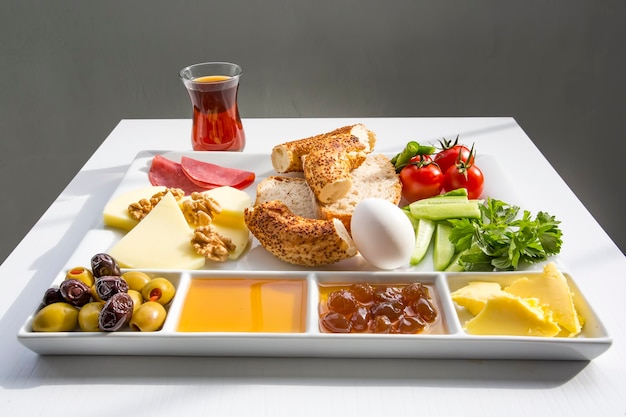 kuchnia turecka; Tradycyjny pyszny turecki stół śniadaniowy.
