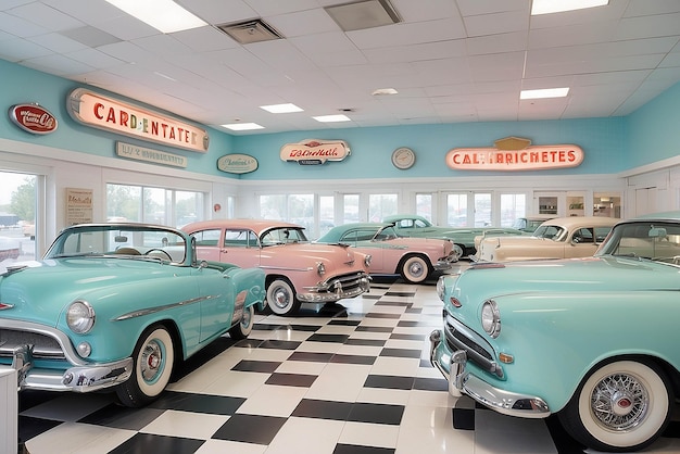 Zdjęcie kuchnia w sklepie z samochodami vintage z pastelowymi artykułami do wyświetlania samochodów i oznakowaniem w sklepie w stylu vintage