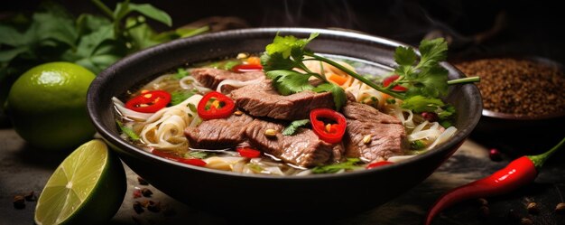 Kuchnia wietnamska i azjatycka Pho Bo tradycyjna zupa z wołowiną na ciemnym tle Close up Generative ai