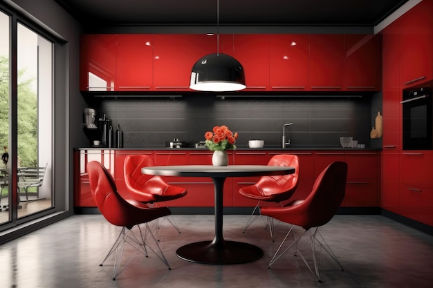 Kuchnia z czerwonymi meblami i okrągłym stołem z czerwonymi krzesłami.