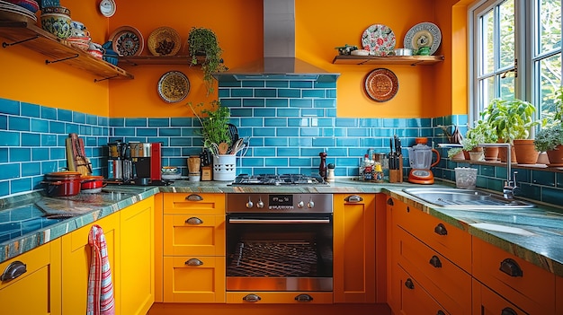 Zdjęcie kuchnia z niebieską płytką z tyłu i piec na kuchence z błękitną płytkę z tyłu