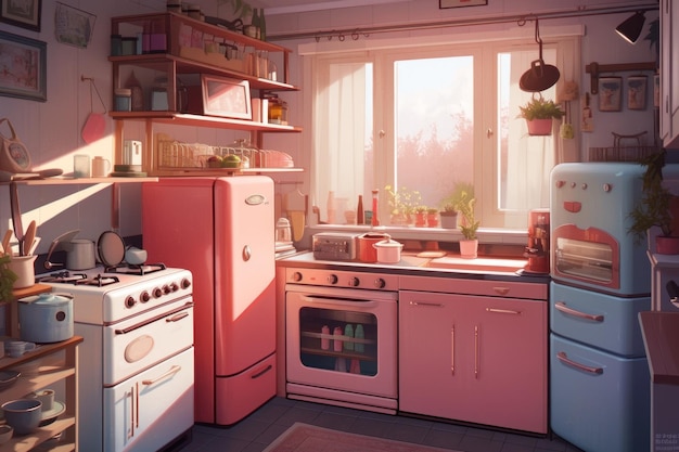 Kuchnia z różową lodówką i kuchenką generatywną obrazem AI