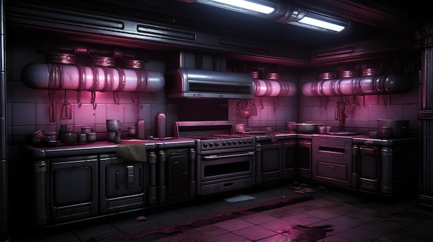 kuchnia z różowymi światłami