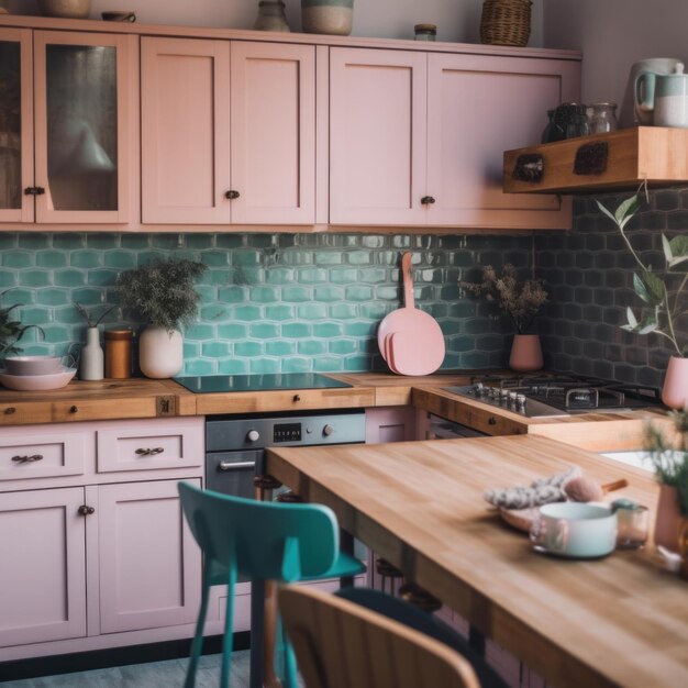 Kuchnia z różowymi szafkami i drewnianym stołem Generative AI image