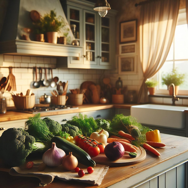 kuchnia z stołem pełnym warzyw i oknem na tle