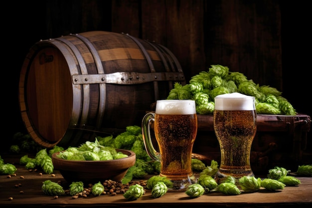 Zdjęcie kufel do piwa otoczony zieloną martwą naturą z beczki szyszek chmielu