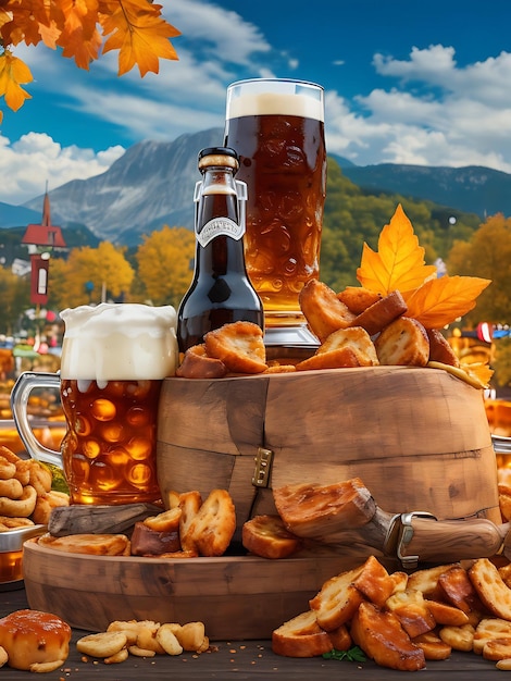 Kufel piwa i worek chleba leżą na stole z kuflem piwa Oktoberfest AI Generated