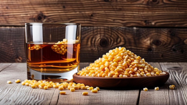 Zdjęcie kukurydza i kukurydza na drewnianym stole z szklanką whisky