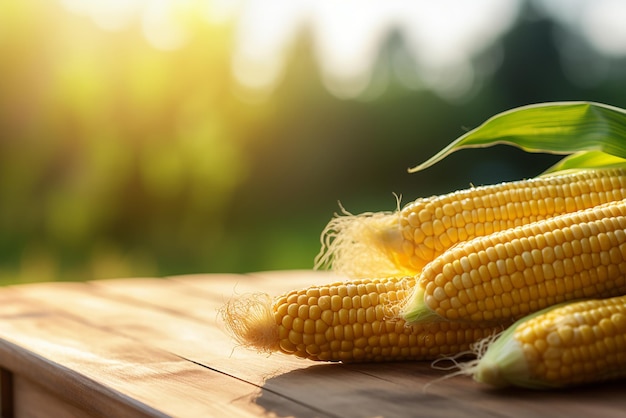 kukurydza na drewnianej powierzchni i plantacja kukurydzy w tle