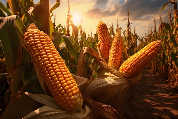 kukurydza na kolbie z zachodem słońca na tle