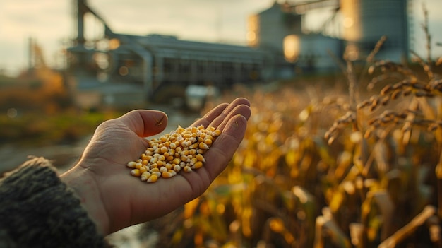 Zdjęcie kukurydza w rękach rolnika z doświadczeniem w przemyśle przetwórczym