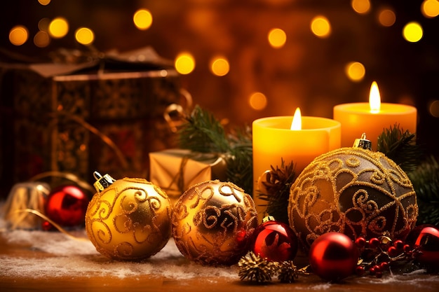 Kula choinkowa płonąca świece Prezenty i inne atrybuty Świąt leżą na stole Świąteczny nastrój Wesołych Świąt