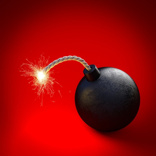 Zdjęcie kula czarna bomba z zapalonym lontem. koncepcja bezpośredniego zagrożenia. renderowania 3d.