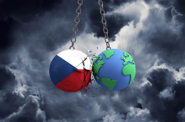 Kula z czeską flagą uderza w planetę Ziemię, globalny wpływ i koncepcja katastrofy d render