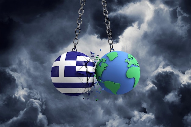 Kula z flagą Grecji uderza w planetę Ziemię, globalny wpływ i koncepcja katastrofy d render