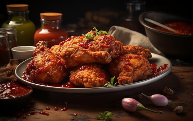 Kulinarna rozkosz uchwycenia smażonego kurczaka i sosu chili na fotografii Generative Autor: Ai