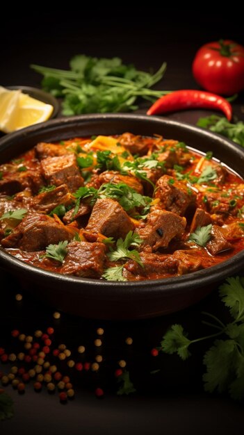 Kulinarne arcydzieło Baranina gosht rogan josh Indyjskie smaki podane w skupionej misce Vertical Mobi