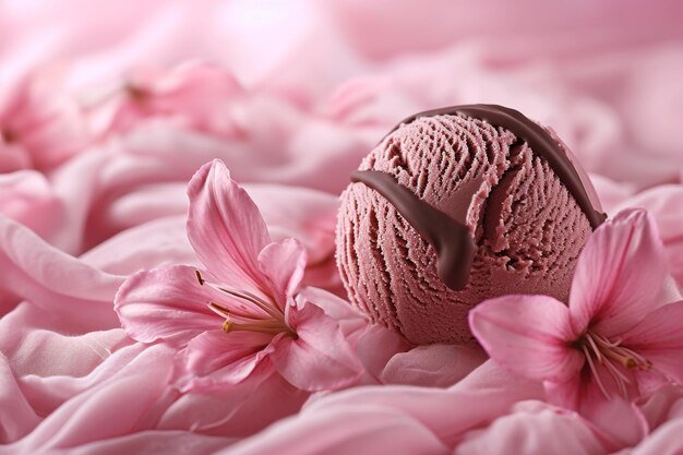 Kulki różowego lodów pokryte czekoladowym smakiem truskawki