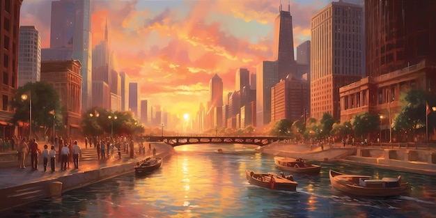 Kultowa panorama Chicago o zachodzie słońca z wysokimi drapaczami chmur odbijającymi ciepłe barwy słońca Generative ai