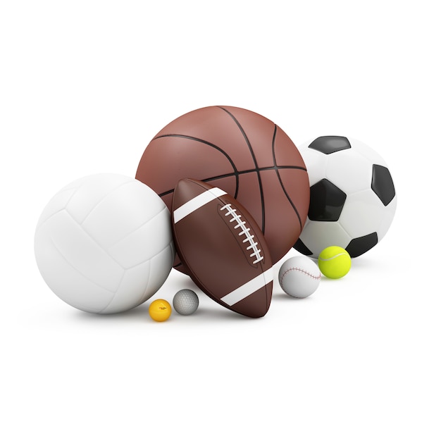 Zdjęcie kupa różnych piłek sportowych: koszykówka, piłka nożna, siatkówka, piłka do rugby, piłki tenisowe, baseball, piłeczki do golfa i ping-ponga na białym tle. koncepcja sportu i rekreacji