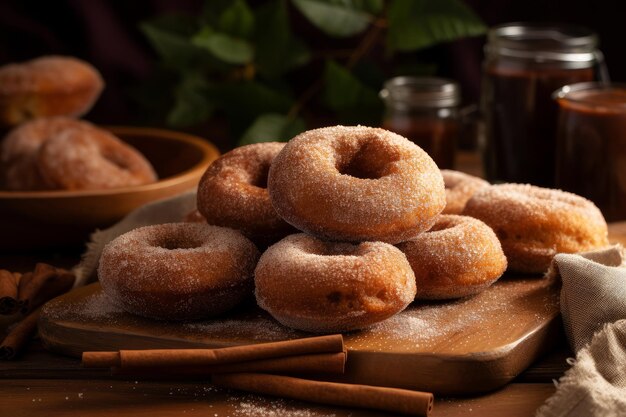 Kupie pączki z cukrem na drewnianej desce z laskami cynamonu z boku.