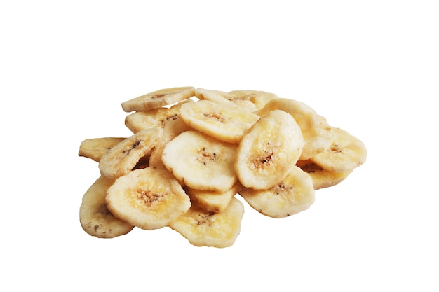 Kupie Plasterki Słodkiego Banana Na Białym Tle. Suszone Owoce Jako Zdrowa Przekąska