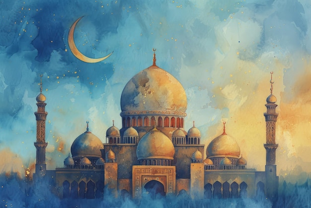 Kupola meczetu i półksiężyc na niebieskim niebie w stylu akwarelu