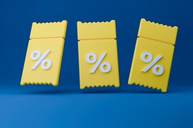 Kupony 3d żółte z procentami na niebieskim tle Do marketingu promocyjnego renderowania 3d