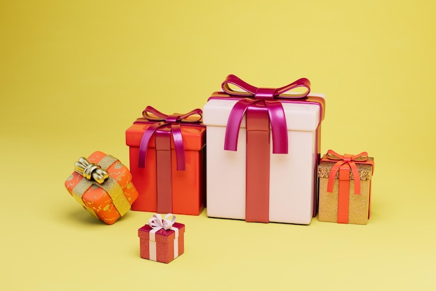 Kupowanie prezentów na święta pudełka z prezentami o różnych rozmiarach na żółtym tle renderowania 3D