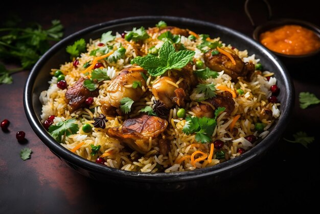 Zdjęcie kurczak biryani z parzonym ryżem basmati