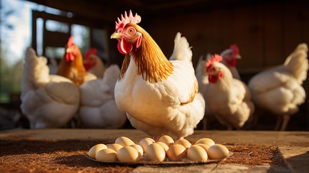 Kurczak i jajka na drewnianym stole na farmie kurczaków