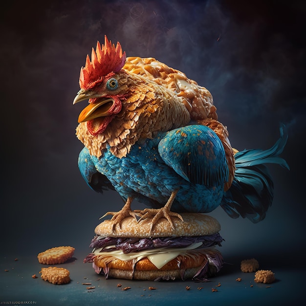 Kurczak na hamburgerze z wizerunkiem kurczaka.