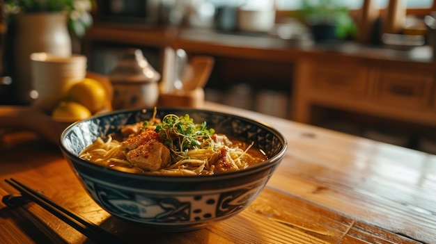 Kurczak Ramen na przytulnym blacie kuchennym