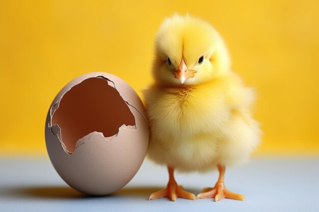 Kurczak stoi obok skorupy jajka, z której się wykluł