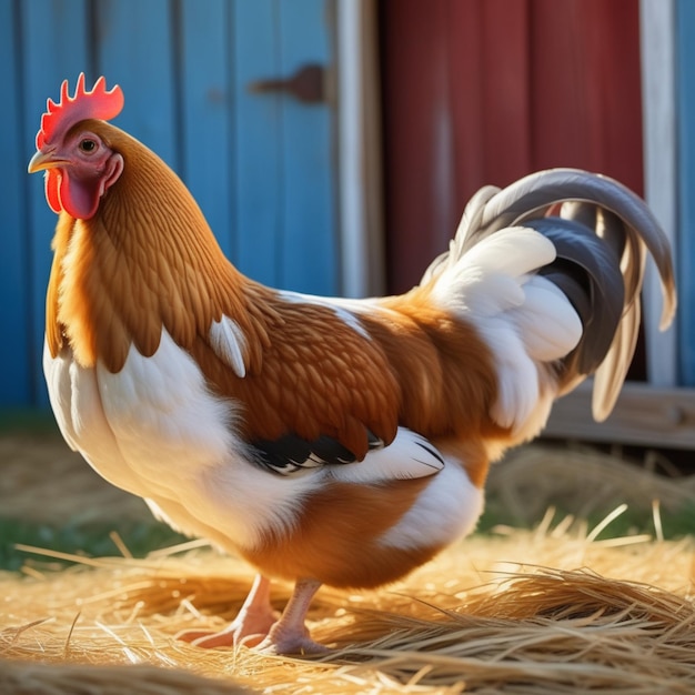 kurczak stoi przed stodołą