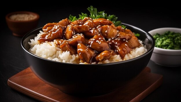 Kurczak Teriyaki Z Ryżem I Sezamem Na Ciemnym Tlegenerative Ai