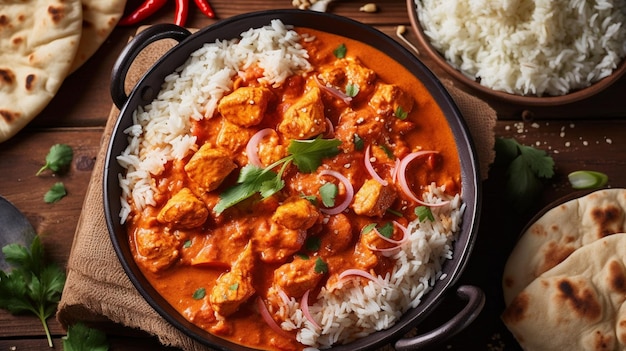 Kurczak tikka masala curry z ryżem i chlebem naan