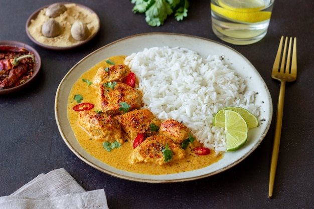 Kurczak tikka masala curry z ryżem, ziołami i papryką. Indyjskie jedzenie. Kuchnia narodowa.