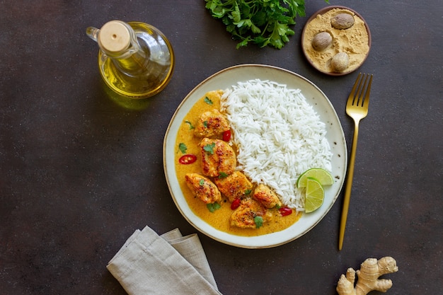 Kurczak tikka masala curry z ryżem, ziołami i papryką. Indyjskie jedzenie. Kuchnia narodowa.