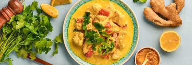 Kurczak tikka masala. Tradycyjne indyjskie curry i składniki na ciemnym tle. Curry, limonka, imbir, kolendra, chili, ryż, zioła i przyprawy. Widok z góry. Transparent.