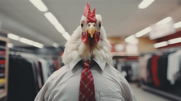 Zdjęcie kurczak w krawacie i koszuli w środku biura.