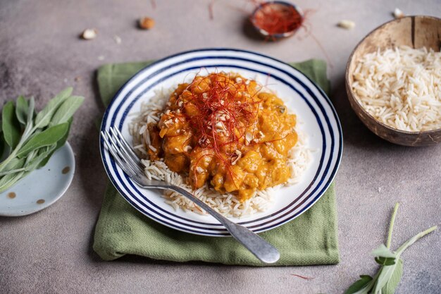 Zdjęcie kurczak w sosie curry podany w misce z paluszkami na stole zbliżenie