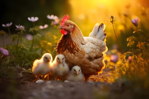 Kurczak z kurczakami na spacerze Zdjęcie ptaka w przyrodzie Domowy ptak hodowlany