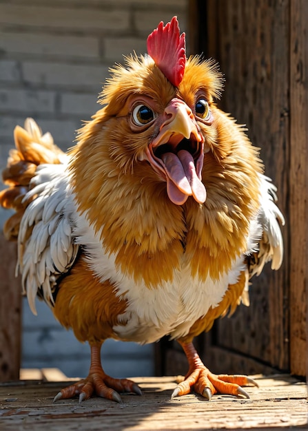 Zdjęcie kurczak z otwartym ustem stojący na drewnianej podłodze