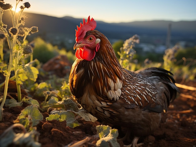 Kurczak z wolnego wybiegu w gospodarstwie ekologicznym, swobodnie wypasany na łące. Prawa zwierząt w rolnictwie ekologicznym