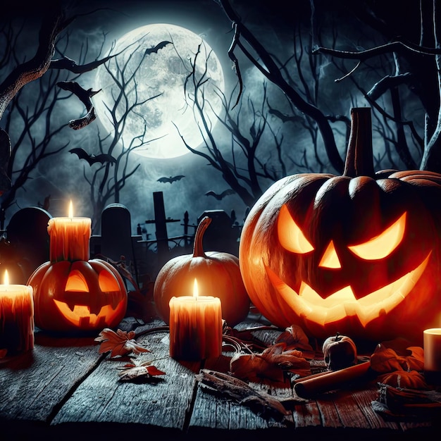 Kurczaki Halloween na drewnianej podłodze w lesie w nocy z pełnym księżycem