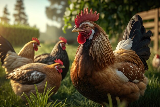 Kurczaki na tradycyjnej fermie drobiu z wolnym wybiegiem stado kurczaków wypasane na trawie AI Generation