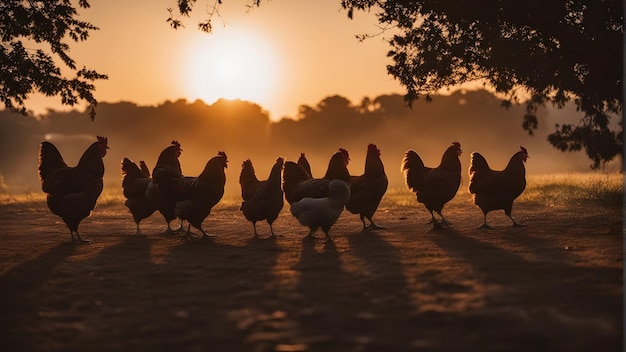 kurczaki spacerują o zachodzie słońca