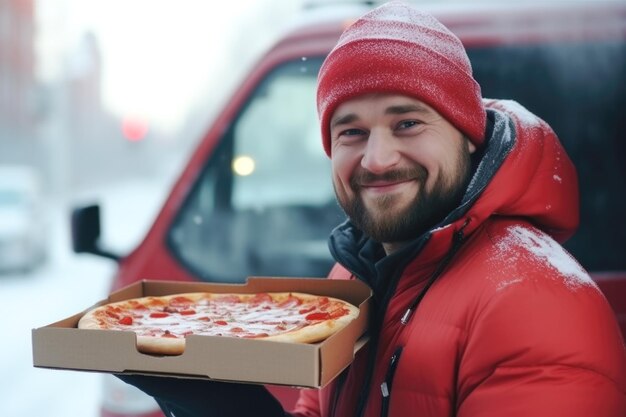 Kurier z pizzą w rękach na ulicy w pobliżu furgonetki