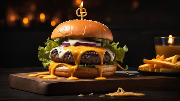 kuszące zdjęcie z hamburgerem, złotymi frytkami i kremem cheddarowym na świeżym br